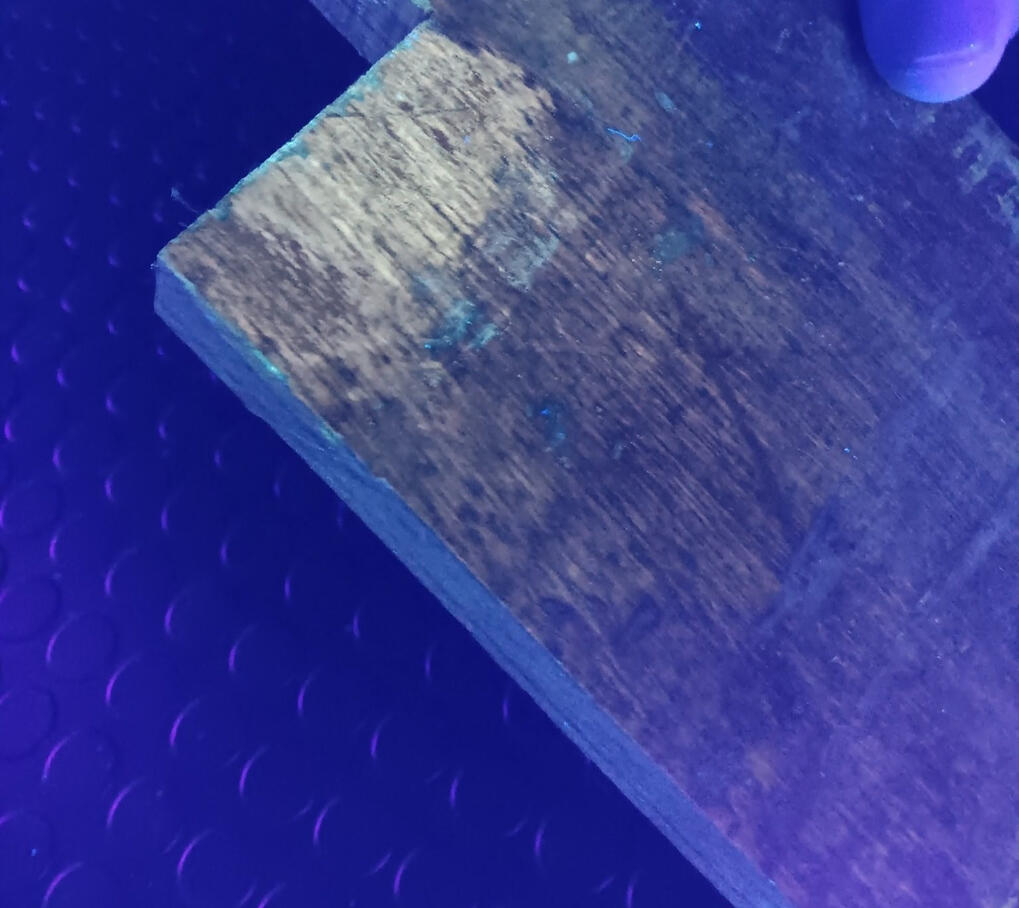 Observation sous lumière UV du dégagement d’une finition ancienne