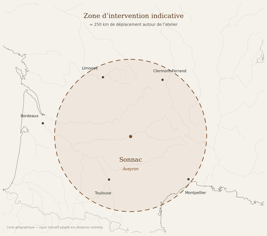 Carte indicative de la zone d’intervention de l’Atelier des Bois Nobles autour de Sonnac en Aveyron